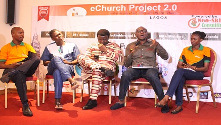 (L-r): Seyi Olaleye, CEO Neo-Skill Consulting Ltd and convener eChurch project, Stephen Akintayo CEO Gilead Balm, Gbenga Sesan, CEO Paradigm Initiative, Chukwuemeka Fred Agbata, CFA, President PATECH/ host Tech Trends on Channels TV and Theresa Igata, Project coordinator Neo-Skill Consulting Ltd. at the eChurch project 2.0 conference/launch held in Lagos, recently.